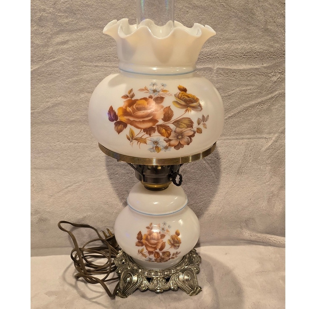 Vintage‎ Rick-Bar Sales Hurricane Lamp Milk Glass Floral Ruffled Shade Electric